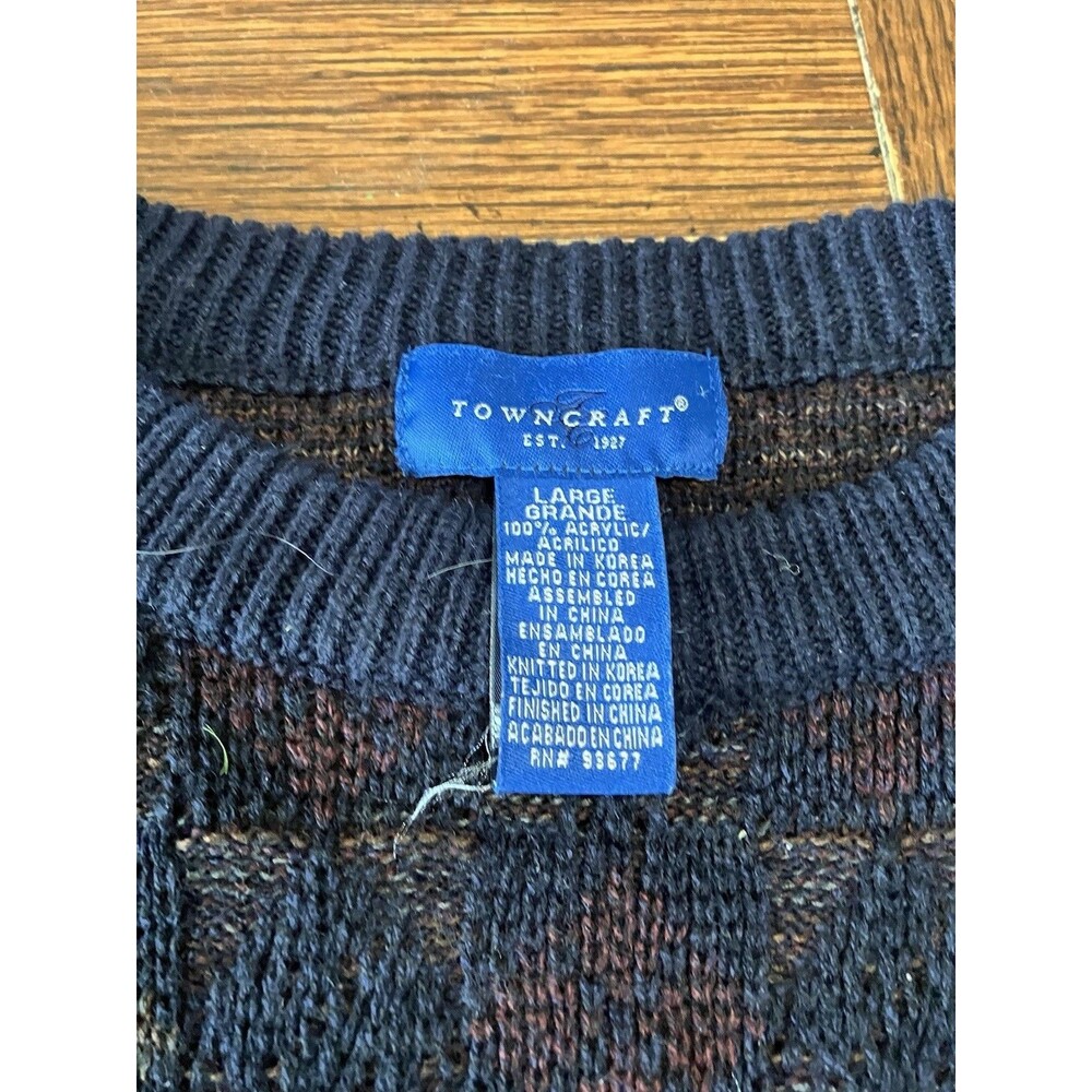 Vintage Towncraft Men’s Size L Navy Multi Colored Grandpa Sweater Crewneck - Picture 2 of 3